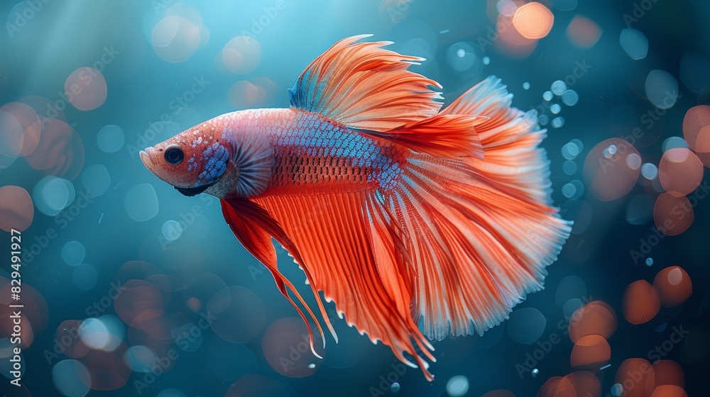 Betta fish with striking orange and blue fins gracefully swimming in a beautifully lit underwater scene with floating bubbles. Betta fish with striking orange and blue fins gracefully swimming in a beautifully lit underwater scene with floating bubbles.