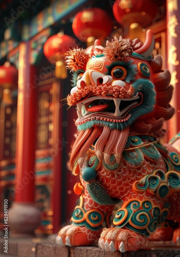 A close-up of a colorful and intricately detailed Chinese lion statue with a red background