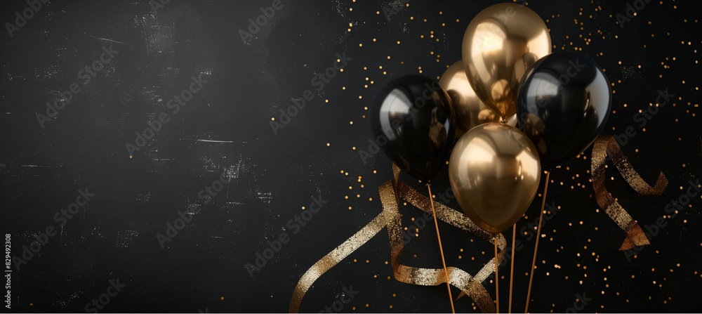 Naklejka premium Golden balloons on a black background