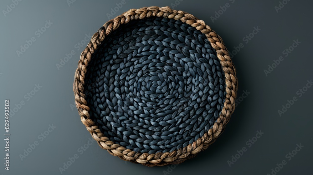 A close-up of a woven basket against a gray backdrop displays a circular design in its center Its blue and brown color scheme mirrors the same palette A close-up of a woven basket against a gray backdrop displays a circular design in its center Its blue and brown color scheme mirrors the same palette