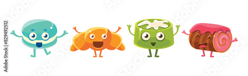 Funny Kawaii Pastry and Sweet Confection Character with Face and Arms Vector Set