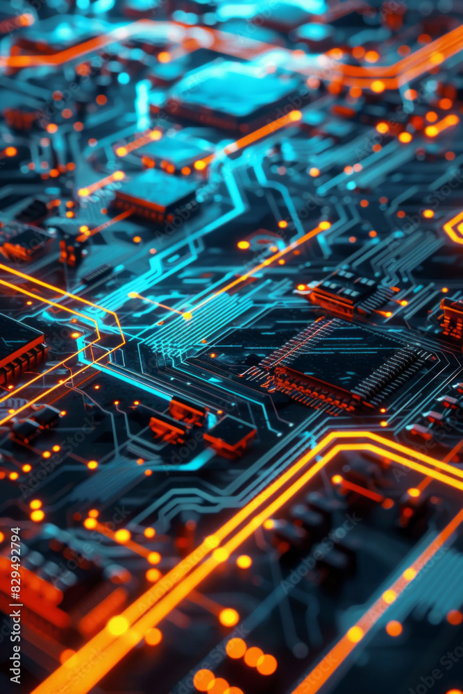 A detailed view of a circuit board with clean lines and glowing blue accents. A detailed view of a circuit board with clean lines and glowing blue accents.