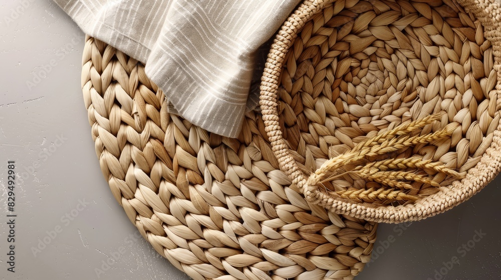  A woven basket sits atop a table, beside a white plate and a napkin A white towel rests atop the basket