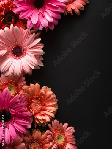 A delicate arrangement of pink and red gerbera flowers elegantly borders the dark background  creating a stunning contrast. The image speaks of sophistication and natural beauty