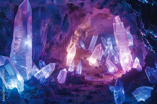 A crystal cave with glowing crystals on the walls