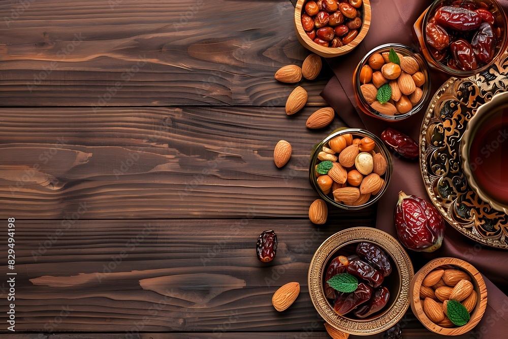 Dishes dates dried fruits and fresh nuts on wood background. Dishes dates dried fruits and fresh nuts on wood background.