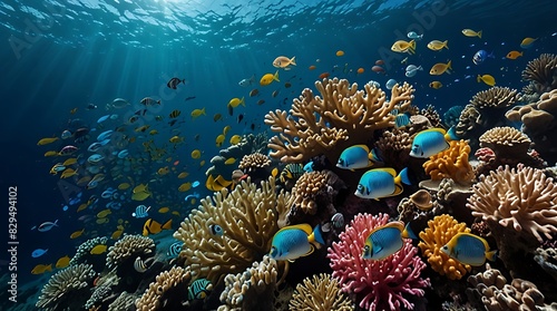  colorful underwater image of a coral reef with many different types of fish swimming around it.