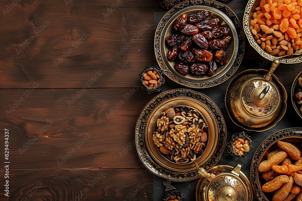 Fototapeta premium Dishes dates dried fruits and fresh nuts on wood background.