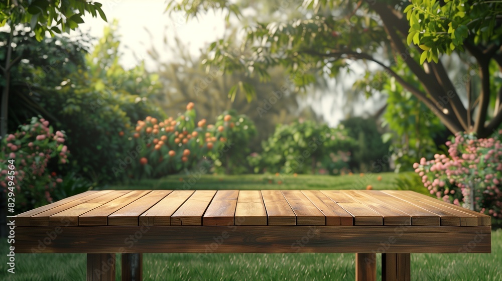 Empty wooden tabletop set against a lush, green nature background, perfect for showcasing products in a serene, natural environment.
