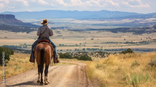 A proud cowboy on horseback surveying the sweeping landscape before him as he travels down a country road.