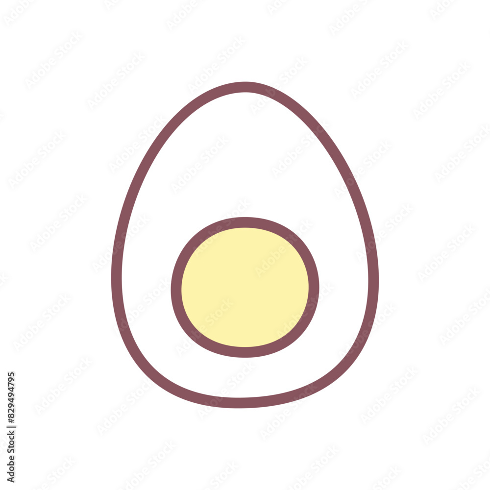 Cute hard boiled egg icon. Hand drawn illustration of a egg half isolated on a white background. Kawaii sticker. Vector 10 EPS.