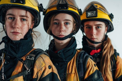 Three young female firefighters in uniform, looking bravely into the camera © Venka