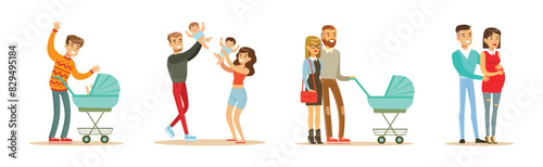 Young Family Couple with Baby and Infant Kid Vector Set