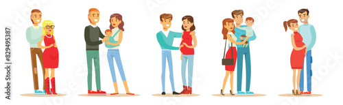 Young Family Couple with Baby and Infant Kid Vector Set
