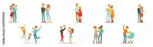 Young Family Couple with Baby and Infant Kid Vector Set