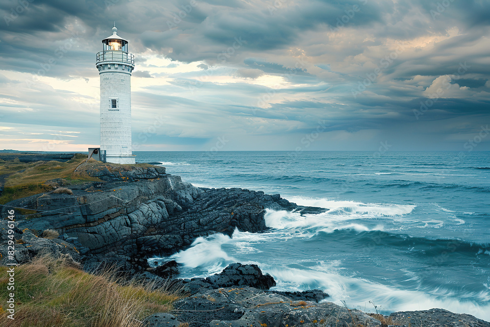 Generative ai on theme of large retro lighthouse with beam of bright light shining out to blue sea Generative ai on theme of large retro lighthouse with beam of bright light shining out to blue sea