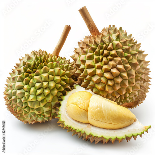 Whole Durians and Cut Durians Arranged Isolated on White Background