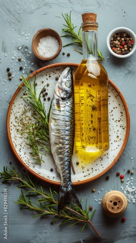 Freshwater fish with rosemary and spices on a blue background. photo