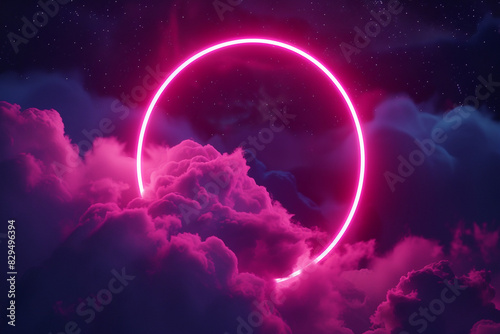 3D vertical frame showcasing a glowing deep pink neon ring around dark swirling clouds.