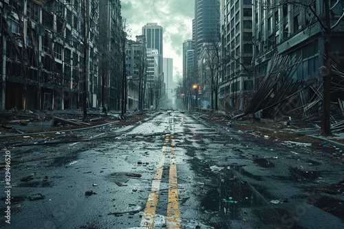 Generative ai on theme of city destroyed street flooded after massive floods and natural big rains photo