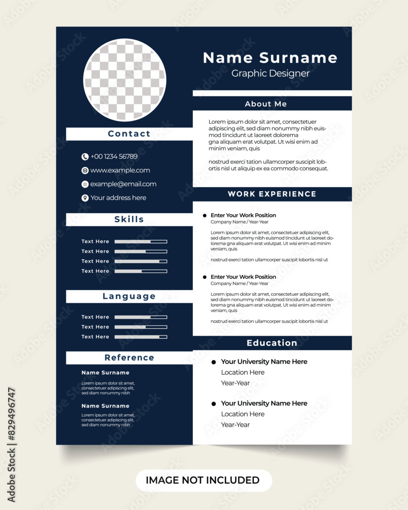 Professional resume template vector with photo placeholders. modern company cv and resume layout design with dark blue colors. Office intern job application cv and resume template. Professional resume template vector with photo placeholders. modern company cv and resume layout design with dark blue colors. Office intern job application cv and resume template.