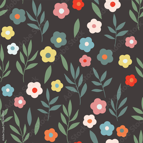 Seamless floral pattern with roses based on traditional folk art ornaments. Colorful flowers on color background. Doodle style. Vector illustration. Design for fabric, textile, paper