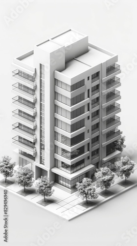 The image shows a three-story apartment building with a flat roof. The front of the building has six windows and a door. There are two trees in front of the building.