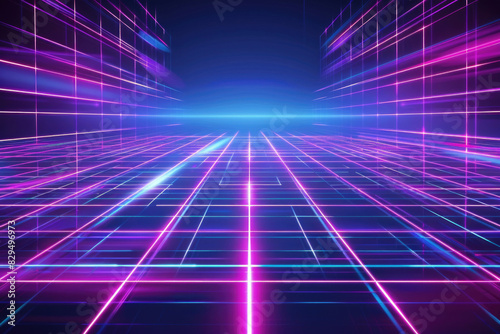 A grid of neon purple and blue lines forms a futuristic  cyber-themed background