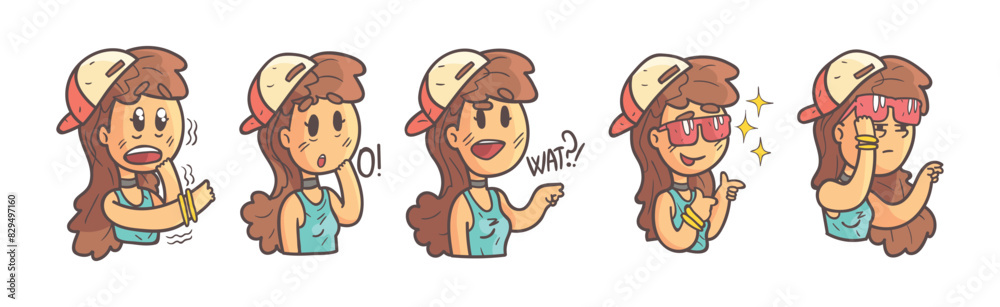 Cute Teenage Girl in Cap with Different Facial Expression Vector Set Cute Teenage Girl in Cap with Different Facial Expression Vector Set