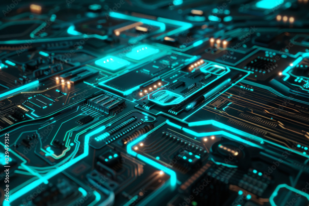 A detailed view of a circuit board with clean lines and glowing blue accents. A detailed view of a circuit board with clean lines and glowing blue accents.