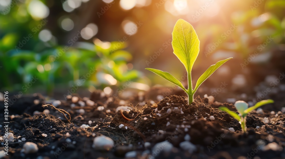 A single green sprout emerges from the soil, bathed in the warm glow of the sun. A single green sprout emerges from the soil, bathed in the warm glow of the sun.