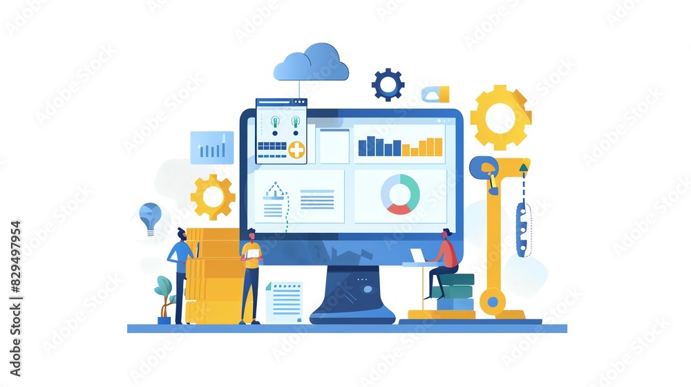 Illustration of people working on a computer with data and a robotic arm. Illustration of people working on a computer with data and a robotic arm.