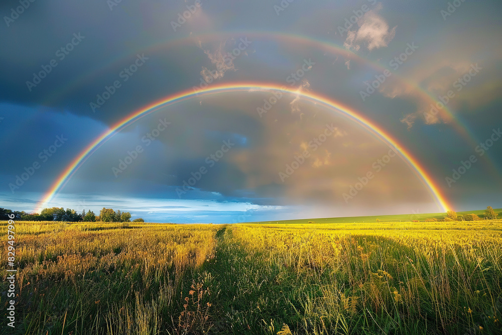 Generative ai on theme of beautiful tranquil landscape with magical bright rainbow at cloudy sky Generative ai on theme of beautiful tranquil landscape with magical bright rainbow at cloudy sky