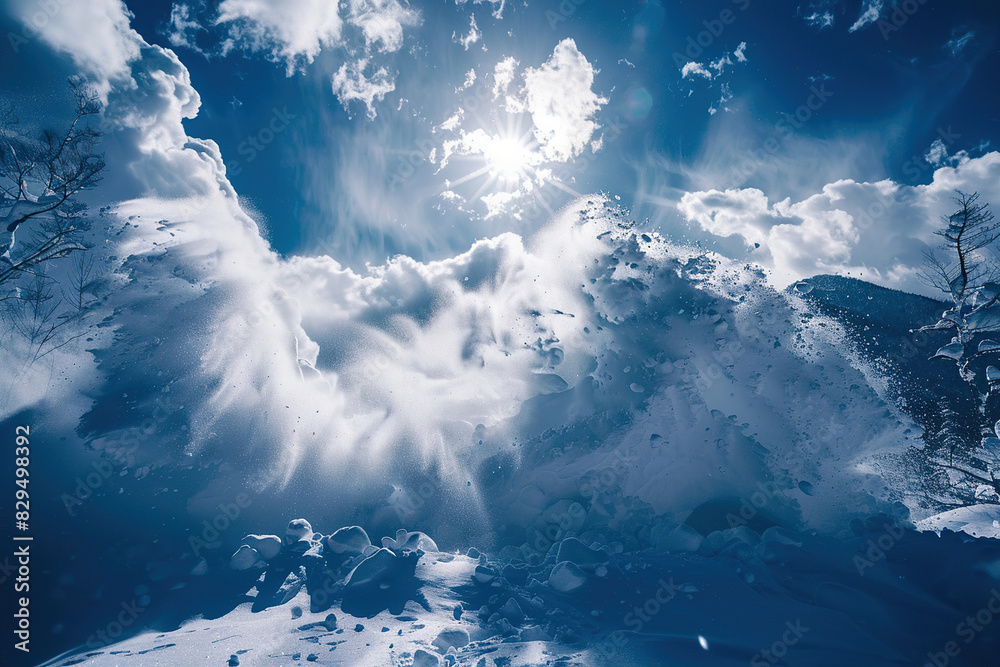 Generative ai on theme of descent of an huge avalanche from the mountain, winter nature landscape