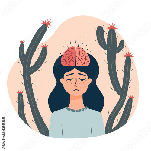Sad woman with a brain restriction or dysfunction. Cacti with thorns around her. Depression, schizophrenia, obsessive compulsive thoughts, stress, mental health, neurological 