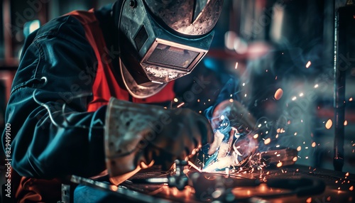 A skilled worker in protective gear welding metal parts in a workshop with sparks flying, showcasing industrial precision and craftsmanship. photo