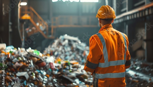 A worker in orange safety gear oversees a large pile of recyclable materials inside an industrial recycling facility. photo