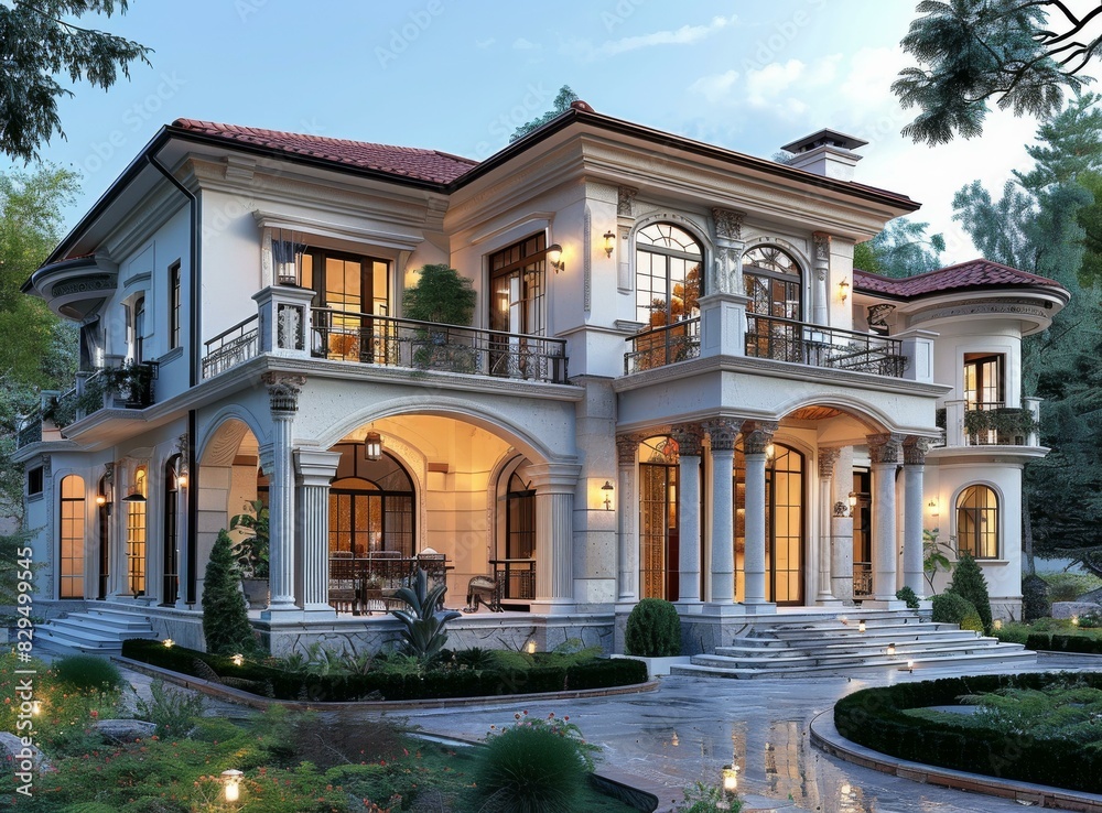 European-style exterior of a luxury villa with a beautiful yard