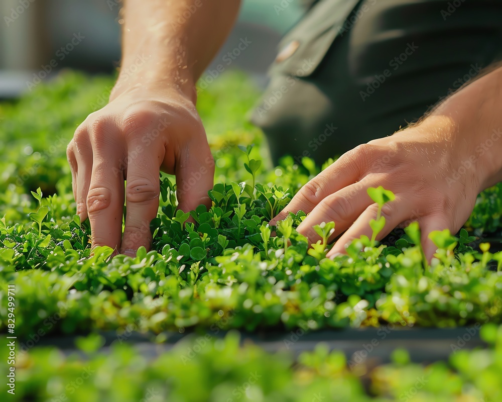 Close-up of a person's hands tending to green plants in a garden, showcasing gardening and plant care techniques.