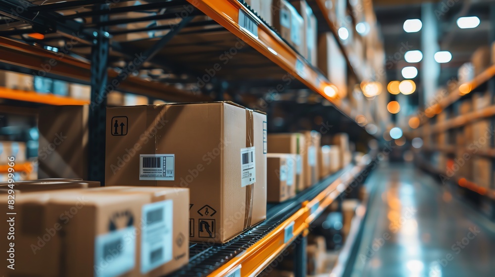 Fototapeta premium Rows of cardboard boxes stacked on shelves in a warehouse.