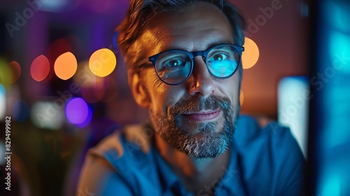 Smiling man with beard and glasses looking at computer screen.