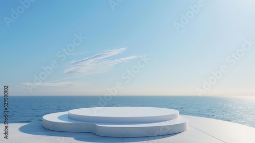 White marble podium with sea view on background.Minimalist Elegance: White Circular Stage Overlooking the Sea