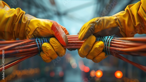 Close-up of hands wearing protective gloves working on a bundle of wires with a blurred industrial background. Focus on teamwork and precision. photo