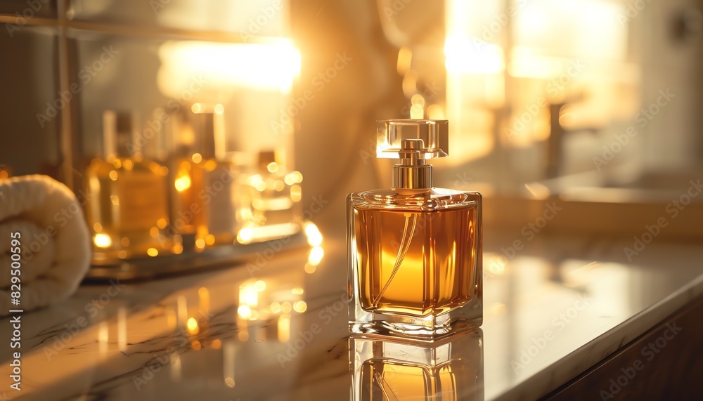 Elegant glass perfume bottle on a bathroom countertop, captured in warm, golden sunlight reflecting off marble surfaces, evoking luxury and style. Elegant glass perfume bottle on a bathroom countertop, captured in warm, golden sunlight reflecting off marble surfaces, evoking luxury and style.