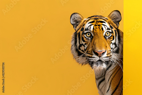 A tiger is looking at the camera through a yellow wall. The tiger is the main focus of the image, and the yellow wall serves as a contrasting background. Concept of curiosity and wonder
