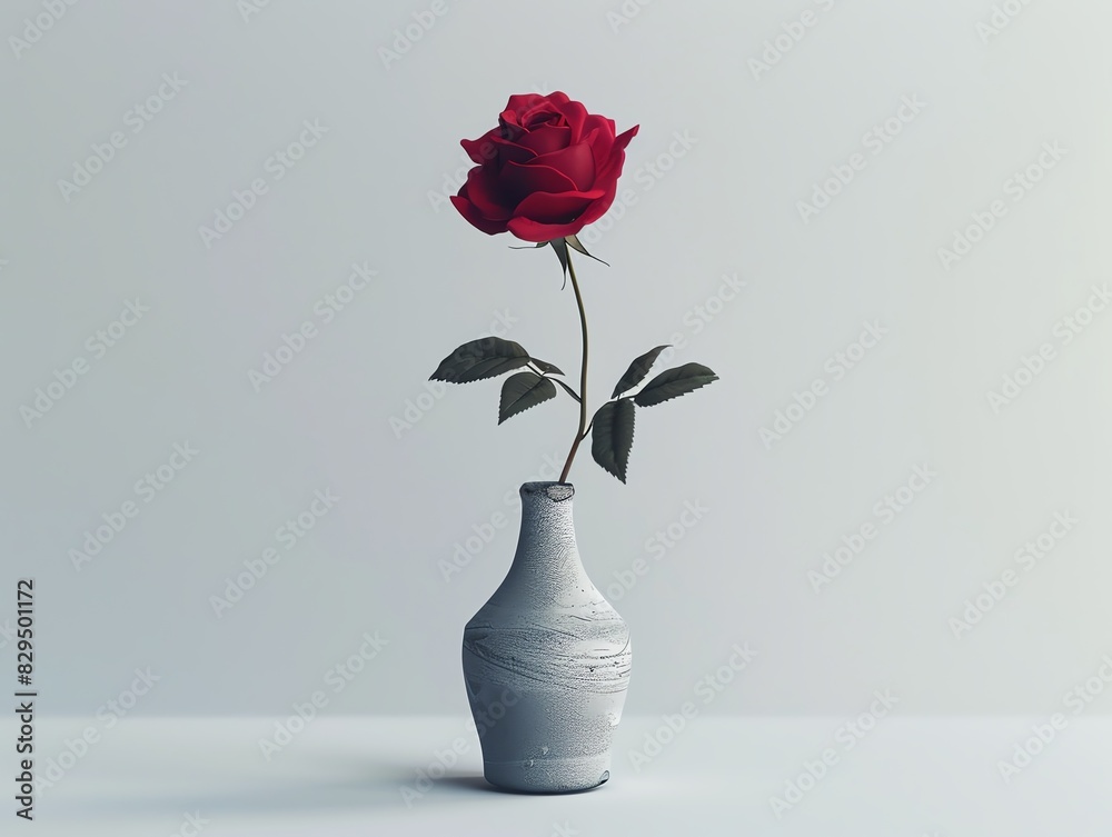 Minimalist image of a single red rose in a gray vase with a plain background, highlighting the beauty of simplicity. Minimalist image of a single red rose in a gray vase with a plain background, highlighting the beauty of simplicity.