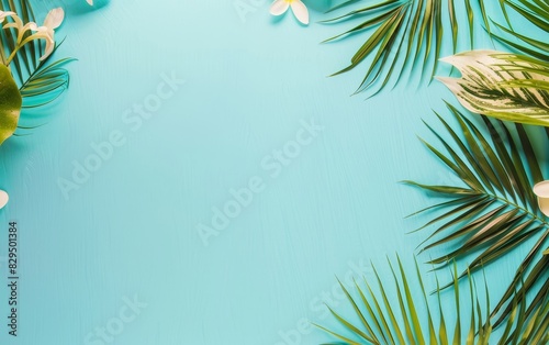Tropical foliage and vibrant pink flowers form a natural frame on an aqua background  suggesting an invitation to tranquil paradise. The composition is perfect for summer themes and exotic backdrops