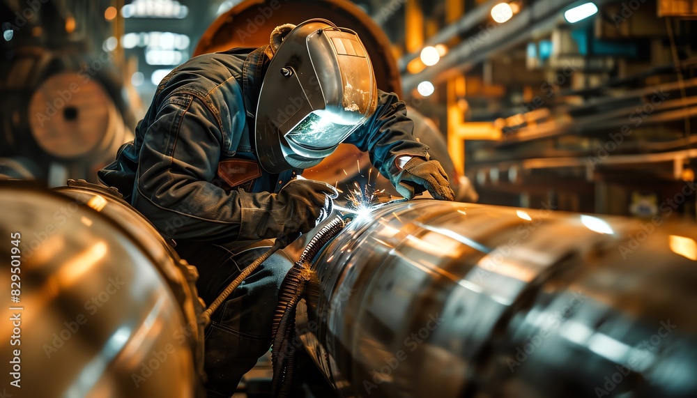 Welder working on a large metal pipe in an industrial facility, showcasing precision, skill, and focus in the manufacturing environment. Welder working on a large metal pipe in an industrial facility, showcasing precision, skill, and focus in the manufacturing environment.