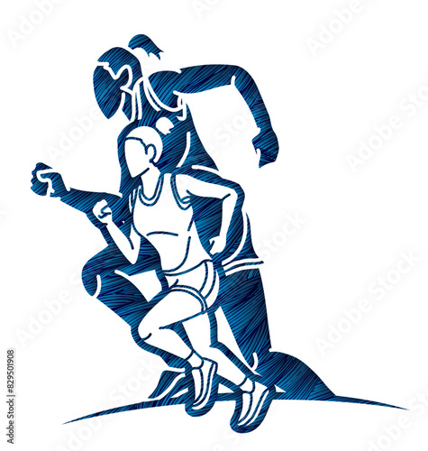 Group of Woman Running Marathon Runner Cartoon Sport Graphic Vector