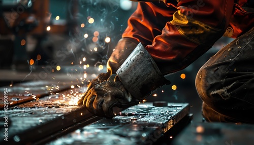 Worker in protective gear welding metal in industrial workshop, with sparks flying, showcasing craftsmanship and labor. photo